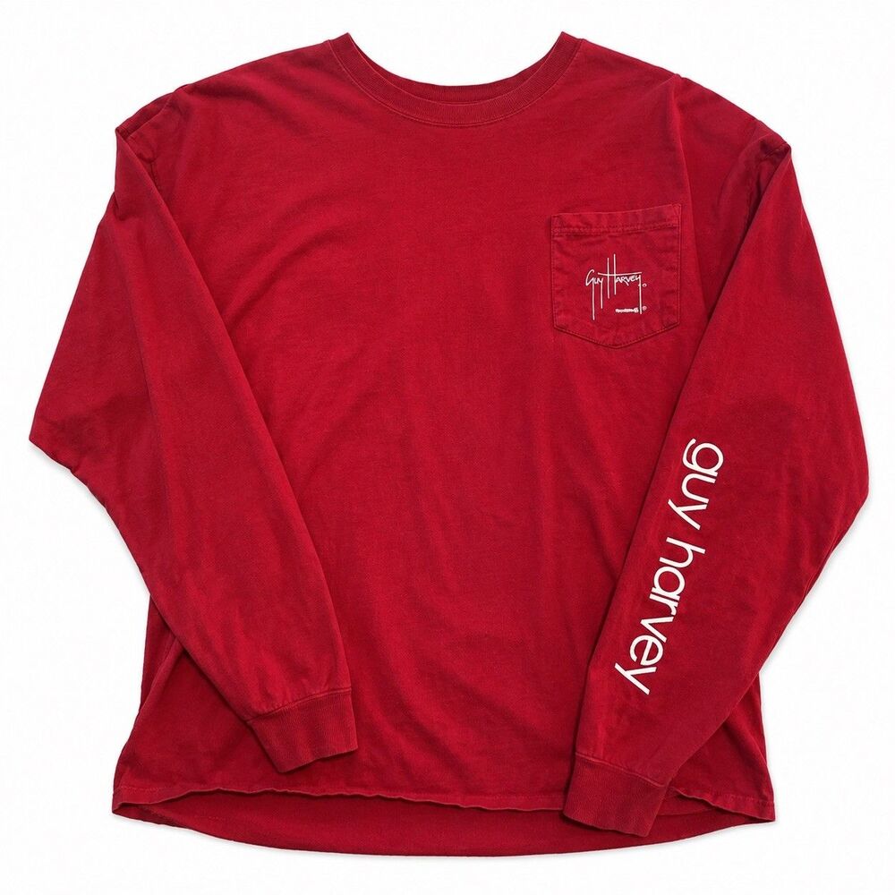 Guy Harvey Men's M Red Long Sleeve Cotton Crewneck Pocket Fish Graphic Tee